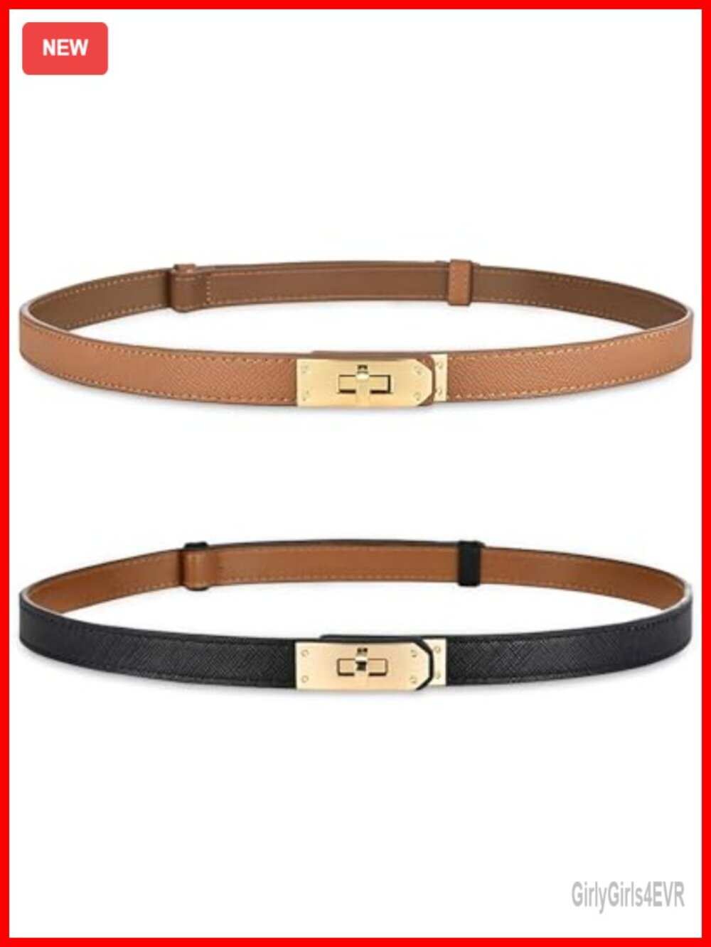 Skinny Leather Belt Adjustable Golden Turn-Lock Buckle for Dresses Jeans Coats